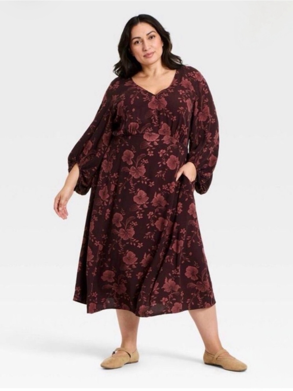 Cottage Core Ava & Viv Plus Size Burgundy Floral Midi Dress with Balloon Sleeves